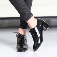 Women's Glossy Black Square Toe Comfy Chunky Block Med Heel Open Lacing Oxford Shoes