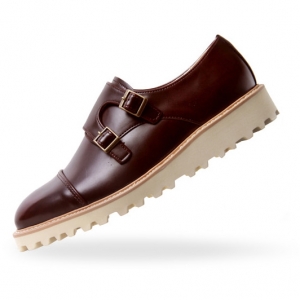 Men's Brown Cap Toe Double Monk Strap Wedge Heel Shoes