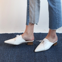 Women's White Pointed Toe Lace Up Comfort Block Heel Oxford Slide Mule Shoes