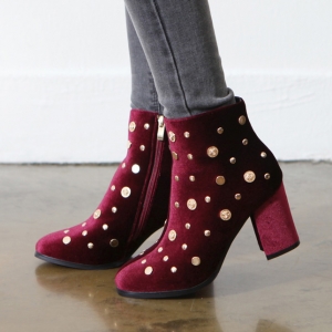 Women's Coin Dot Studs Zip Chunky High Heel Wine ﻿Velvet Ankle Boots