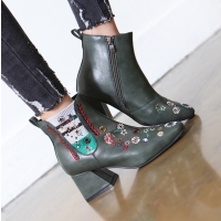 Women's Green Round Toe Side Zip Chunky Med Heel Floral Embroidered Ankle Boots