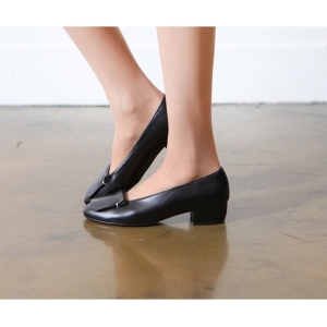 Women's Hand Made Black Leather Square Layer Loafer Shoes