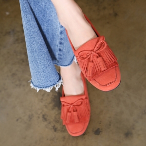 Women's Orange﻿ Double Layer Fringe Tassel Low Heel Loafer Shoes