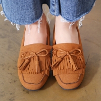 Women's Camel Double Layer Fringe Tassel Low Heel Loafer Shoes