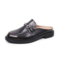 Men's Apron Toe Horse Bit Brown Synthetic Leather Slip on Comfort Loafer Slider Mules Shoes