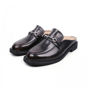 Men's Apron Toe Horse Bit Brown Synthetic Leather Slip on Comfort Loafer Slider Mules Shoes