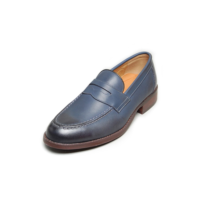 Men's Apron Toe Blue Leather Penny Loafers Shoes
