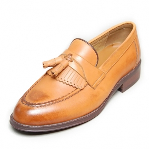 Men's Apron Toe Light Brown Leather Tassel Fringe Loafers Shoes