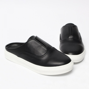 Men's Round Toe Black Synthetic Leather White Platform Slip On Slider Loafers Mules Shoes