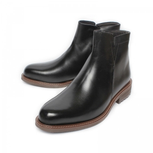 Men's Round Toe Black Leather Side Zip Dress Boots