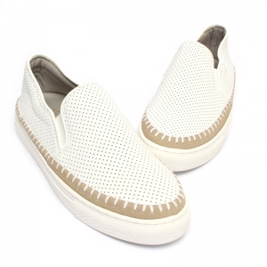 Women's round toe White﻿ Leather Punching Slip on sneakers