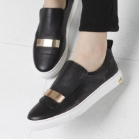 Women's Round Toe Black Leather Gold Stud Loafers Shoe