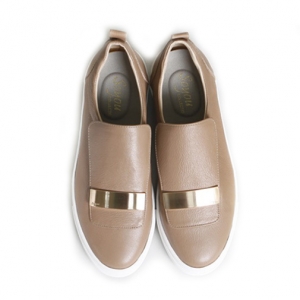 Women's Round Toe Beige Leather Gold Stud Loafers Shoes