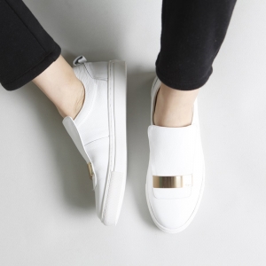 Women's Round Toe White﻿ Leather Gold Stud Loafers Shoes﻿﻿
