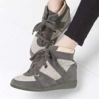 Women's Punching Wide Lace Up Hidden Wedge Insole High Top Sneakers