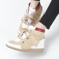 Women's Punching Two Tone white Leather Wide Lace Up Hidden Wedge Insole High Top Sneakers