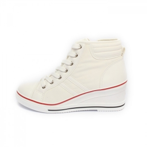Women's Cap Toe Lace Up & Zip Closure Med Wedge Heel High Top White ﻿Fashion Sneakers Shoes﻿﻿