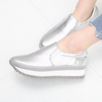 Women's Round Toe Punching Silver Leather Wedge Fashion Sneakers Shoe