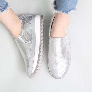 Women's Round Toe Punching Silver﻿ Leather Wedge Fashion Sneakers Shoes﻿﻿