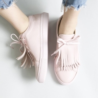 Women's Double Layer Fringe Pink Leather Lace Up Fashion Sneakers Shoes