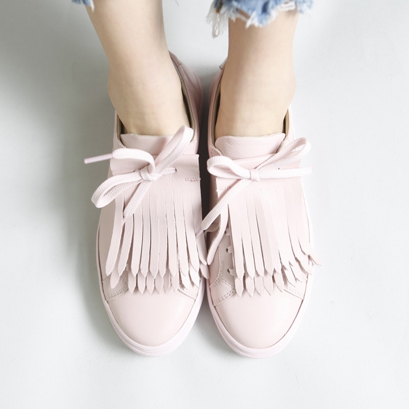 Women's Double Layer Fringe Pink Leather Lace Up Fashion Sneakers Shoes﻿﻿