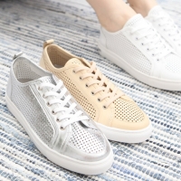 Women's leather square dotted punched fashion sneakers white beige silver