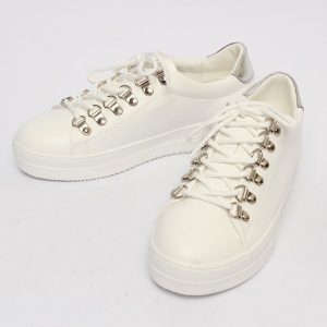 Women's High Thick Platform D-Ring Eyelet Lace Up Silver Low Top Sneakers
