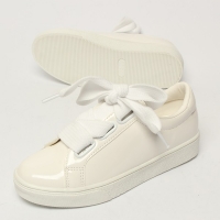 Women's White Platform Wide Eyelet Lace Up Glossy White Low Top Sneakers Shoes