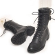 Women's Cap Toe Outside Zip Closure Black Sheepskin Block Heel Combat Sole Mid Calf Boots