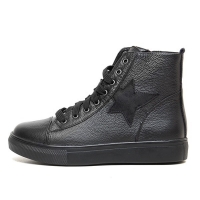 Women's Cap Toe Star Lace Up Zip Black Leather High Top Fashion﻿ Sneakers