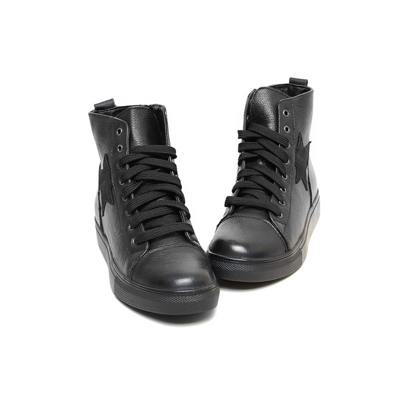 Women's Cap Toe Star Lace Up Zip Black Leather High Top Fashion﻿ Sneakers