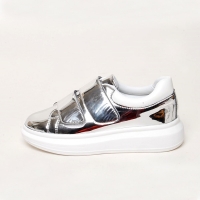 Women's Round Toe Double Velcro Strap Platform Wedge Heel Silver Synthetic Leather Fashion﻿ Sneakers