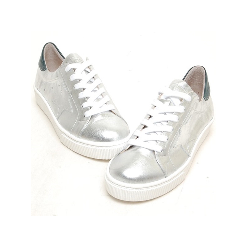 Women's Round Toe Star Patched Lace Up Silver Leather Fashion﻿ Sneakers