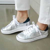 Women's Round Toe Star Patched Lace Up Silver Leather Fashion﻿ Sneakers Shoes
