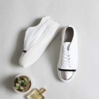 Women's Metallic Silver Cap Toe Thick Platform Lace Up White Leather Low Top Fashion﻿ Sneakers Shoes