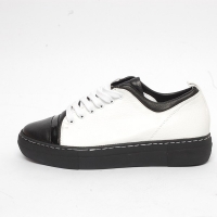 Women's Thick Platform Black Cap Toe Lace Up White Leather Low Top Fashion﻿ Sneakers Shoes