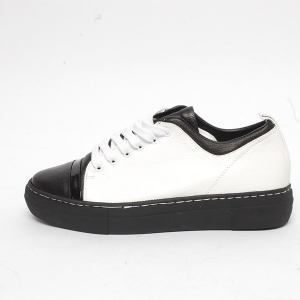 Women's Thick Platform Black Cap Toe Lace Up White Leather Low Top Fashion﻿ Sneakers