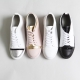 Women's Thick Platform Black Cap Toe Lace Up White Leather Low Top Fashion﻿ Sneakers Shoes