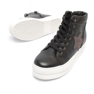 Women's Thick Platform Star Lace Up Zip Black Leather High Top Fashion﻿ Sneakers