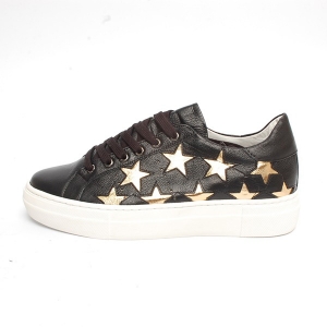 Women's Round Toe Gold Star Cut Out Lace Up Black Leather Low Top Fashion Sneakers Shoes﻿﻿