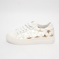 Women's Round Toe Gold Star Cut Out Lace Up White Leather Low Top Fashion Sneakers Shoes