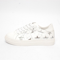Women's Round Toe Silver Star Cut Out Lace Up White Leather Low Top Fashion Sneakers Shoes