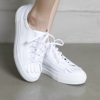 Women's Round Toe Fringe & Punching Thick Platform Lace Up White Leather Low Top Fashion﻿ Sneakers Shoes