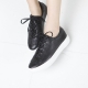 Women's Round Toe Fringe & Punching Thick Platform Lace Up Black Leather Low Top Fashion﻿ Sneakers Shoes