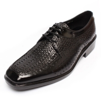 Men's Square Apron Toe Side Punching Summer Mesh Black Leather Lace Up Oxfords Dress Shoes