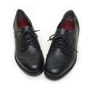 Women's Round Toe Wing Tip Brogue Lace Up Black Leather Block Heel Oxfords Shoes