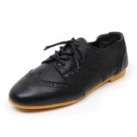 Women's Round Toe Wing Tip Brogue Lace Up Black Leather Flat Oxfords Shoes