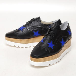 Women's High Thick Double Platform Lace Up Blue Star Med Wedge Heel Black Sneakers Shoes