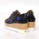 Women's High Thick Double Platform Lace Up Blue Star Med Wedge Heel Black Sneakers Shoes