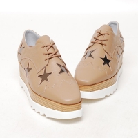 Women's High Thick Double Platform Lace Up Star Med Wedge Heel Beige Sneakers Shoes